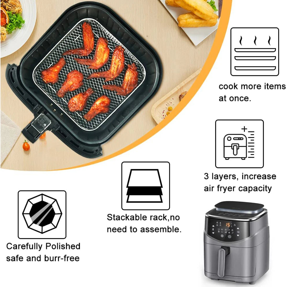 3-Laags RVS Airfryer Rek – Meer Ruimte & Gelijkmatig Bakken