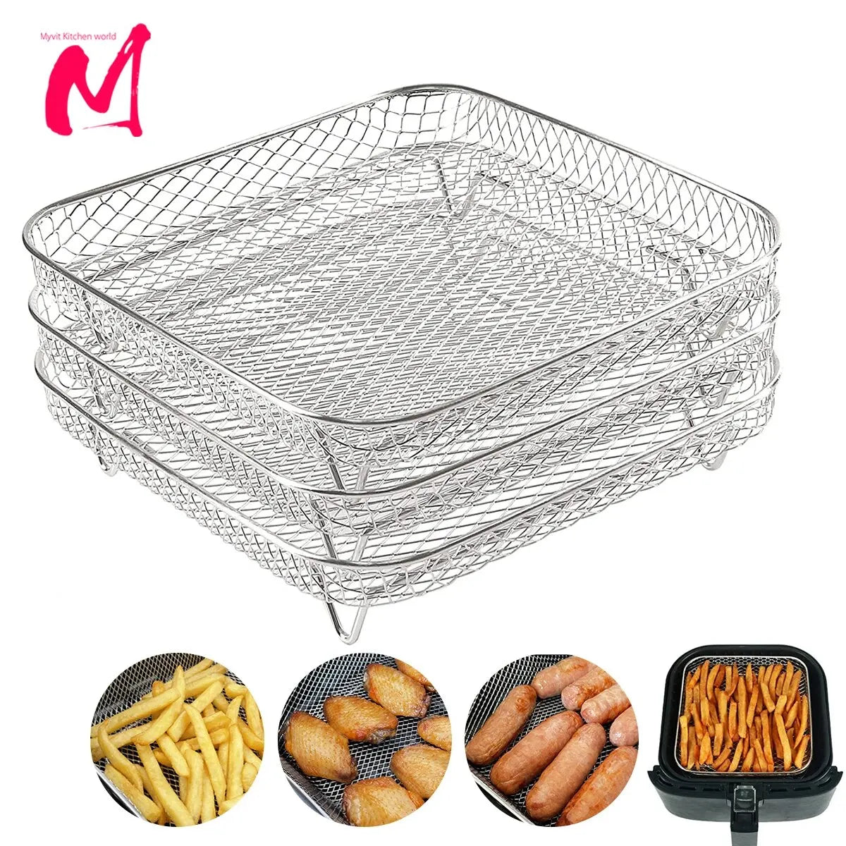 3-Laags RVS Airfryer Rek – Meer Ruimte & Gelijkmatig Bakken